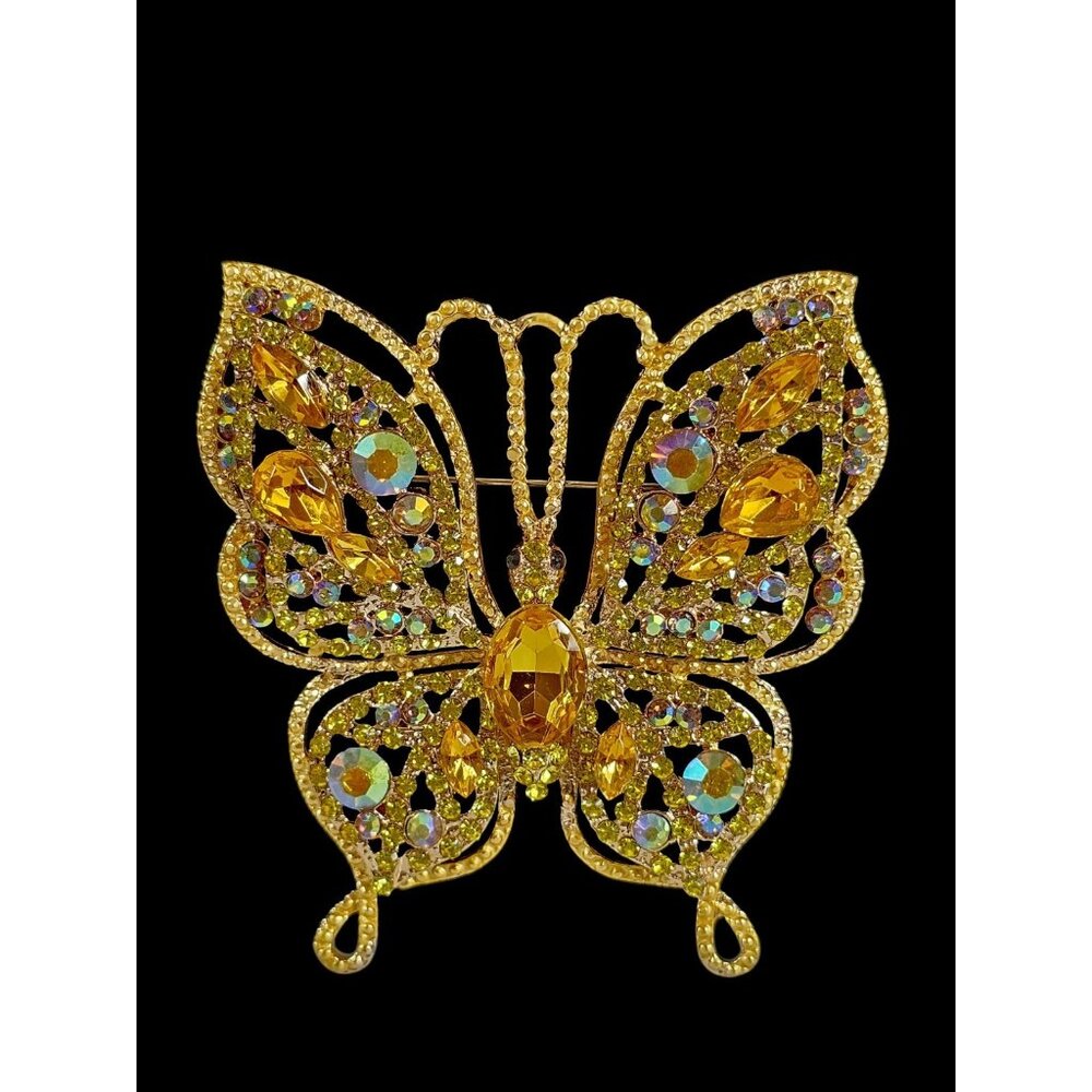 Yellow Bling Large Rhinestone Flower Butterfly Fashion Women Charm Brooch Pin
